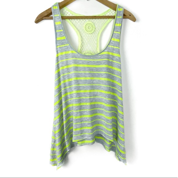 Almost Famous Stripe Crochet Lace Racerback Tank Top Shark Bite Hem Gray Lime L - Picture 2 of 13